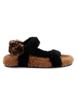 Fendi Fuzzy Shearling Logo Flat Sandals Black Tobacco