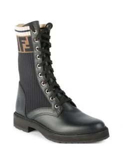 Fendi Rockoko Knit Leather Combat Boots