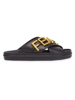 Fendi Leather Criss-Cross Logo Slides Light Rose