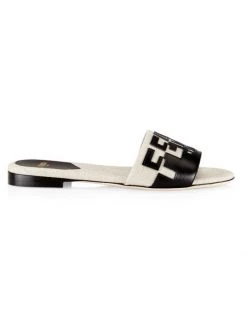 Fendi Canvas & Leather Logo Slide Sandals Brown